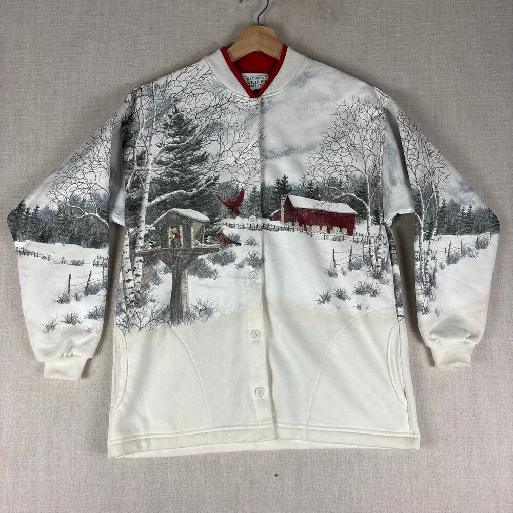 Vintage Nature Winter AOP Wrap Around Cardigan Sweater Medium